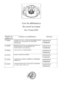 19 JUIN 2025 LISTE DES DELIBS